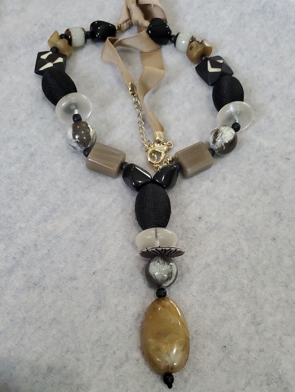 Chicos Chunky 23 Inch Neutral Multi-Bead Statement Necklace in Black and Tan